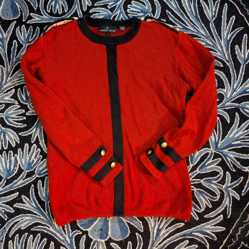 Vintage Carole Little Red & Black Stripe Pullover Sweater Button Cuffs Women's S